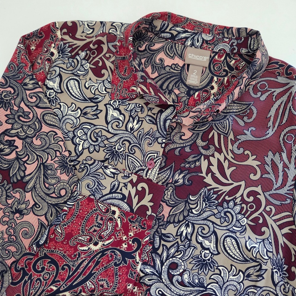Chico's Button Down Blouse Burgundy‎ Paisley Mixed Print Women Size 2 L